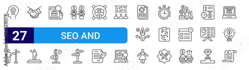 set of 27 thin line seo and marketing icons such as ability, difficulty, handshake, leadership, job search, decision, investment, direction, work. editable stroke vector illustration isolated on