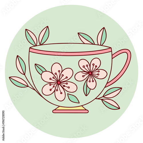 A pink teacup with flowers and leaves on a green background