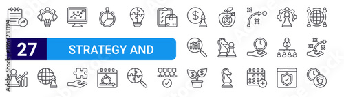set of 27 thin line strategy and planning icons such as notes, business strategy, innovation, online strategy, strategic plan, solution, stopwatch, sprint, solution. editable stroke vector