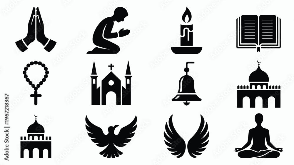 Fototapeta premium Collection of diverse religious and spiritual icons including praying hands kneeling figure candle open book rosary church bell mosque meditating person wings and eagle