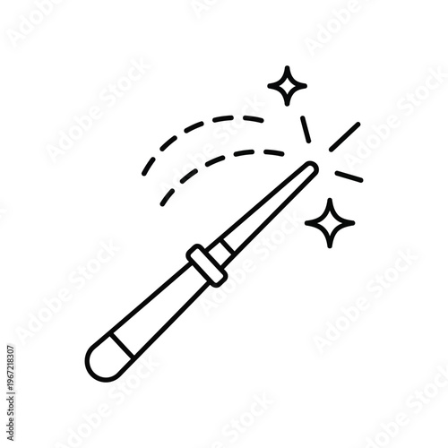 Minimalist magic wand line icon with sparkles and motion lines representing creativity, enchantment, and automated digital tools for modern design interfaces.