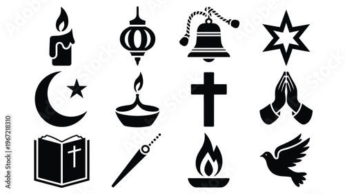 Diverse religious and spiritual symbols collection candle crescent moon lantern bell star cross praying hands open book flame dove representing faith spirituality and cultural