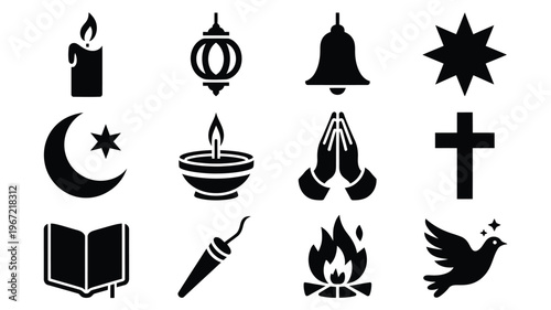 Diverse religious and spiritual symbols collection candle lantern bell star crescent moon with star diya lamp praying hands cross open book torch bonfire and dove of peace