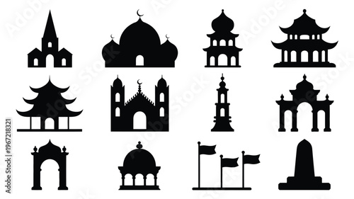 Collection of diverse architectural silhouettes representing various cultural and religious buildings including mosques pagodas churches and monuments isolated on a clean white