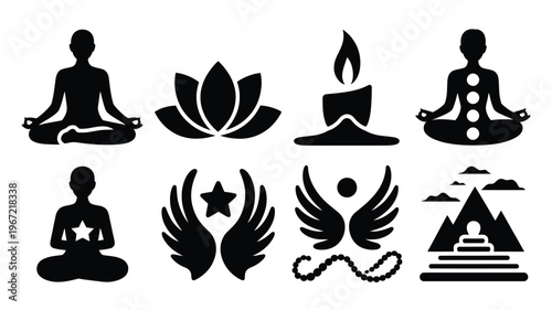 Collection of spiritual and meditation icons in silhouette featuring yoga poses lotus flower burning candle serene figures wings prayer beads and mountain landscape