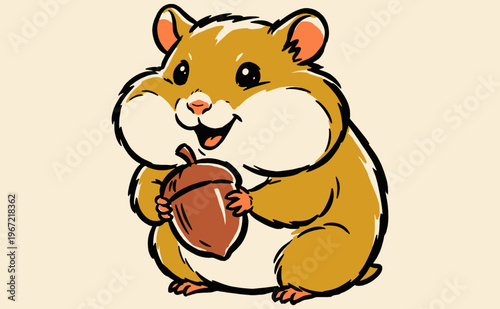 Happy hamster with acorn graphic. Cute woodland pet art for t-shirt print, sticker, poster, and stationery. Fun forest animal illustration.