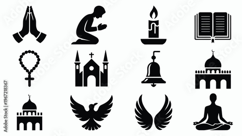 Collection of diverse religious and spiritual icons including praying hands kneeling figure candle open book rosary church bell mosque meditating person wings and eagle