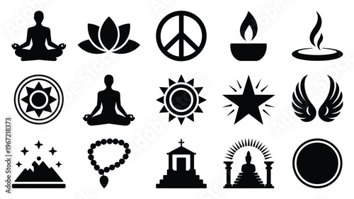 Collection of spiritual and meditation icons in silhouette style featuring yoga poses lotus flowers peace symbols oil lamps sun symbols stars wings mountains prayer beads