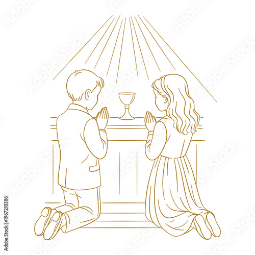 Chłopiec i dziewczynka klęczący i modlący się przy ołtarzu. Grafika na zaproszenia komunijne, kartki religijne i dewocjonalia.