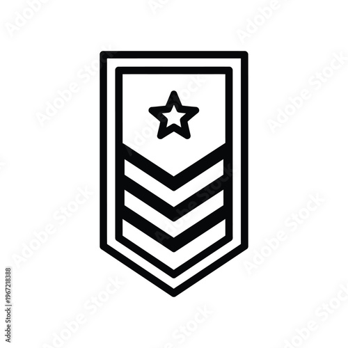 Minimalist black line icon of a military rank insignia featuring three chevrons and a star, representing leadership, authority, and service in the armed forces.