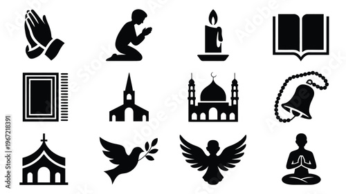 Collection of diverse religious and spiritual icons representing faith prayer meditation and worship across multiple cultures and belief systems isolated on white background