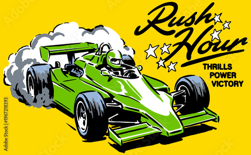Rush Hour thrills. Speed racer graphic print for t-shirt, poster, sticker, and apparel. Extreme motorsport drift artwork, championship victory.