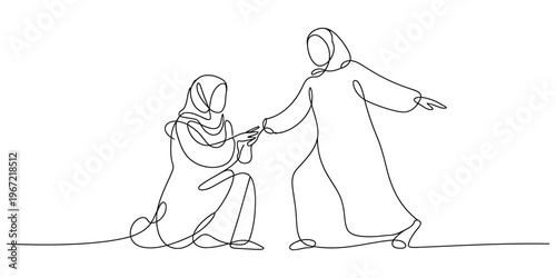 Continuous One Line Drawing of Muslim Woman Proposing with Ring