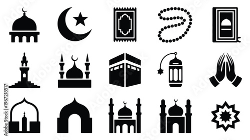 Collection of islamic religious symbols and icons including mosque silhouette crescent moon with star prayer rug rosary beads holy book minaret kaaba lantern praying hands