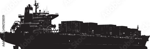 Black silhouette of a cargo ship white background container ship