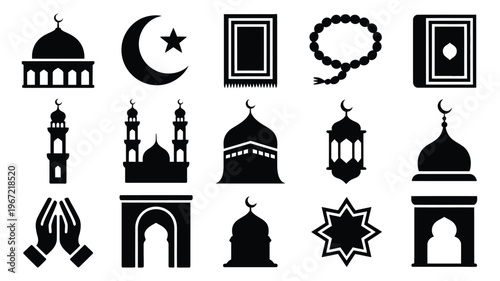 Collection of islamic religious icons and symbols in silhouette including mosques crescent moon prayer rug prayer beads holy book and hands in prayer representing faith