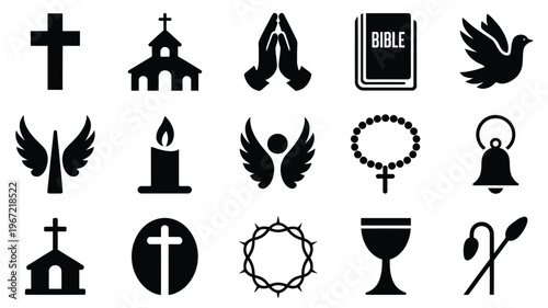 Christianity religious symbols collection crosses church praying hands bible dove angel candle rosary bell crown of thorns chalice and staff icons for faith and spirituality