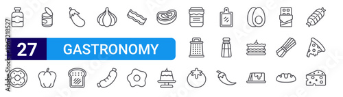set of 27 thin line gastronomy icons such as liquor, donut, canned food, pepper, eggplant, toast, garlic, sausage, bacon. editable stroke vector illustration isolated on white