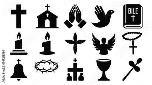 Collection of christian religious symbols and icons crosses church praying hands dove bible candle angel rosary crown of thorns chalice bell and holy water sprinkler presented