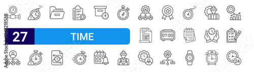 set of 27 thin line time management icons such as high pressure, organization, deadline, overdue, folder, timeline, clipboard, fast time, time tracking. editable stroke vector illustration isolated
