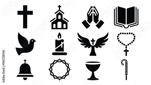 Sacred religious icons collection cross church praying hands bible dove candle angel wings rosary bell crown of thorns chalice and prayer beads for spiritual concepts and faith