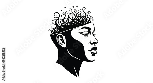 Abstract illustration of a human head with swirling thoughts and creative energy