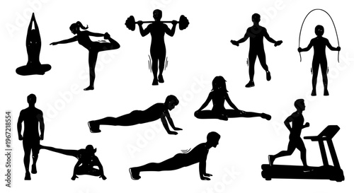 Modern workout and fitness exercise icon set with gym yoga running and strength training vector illustration