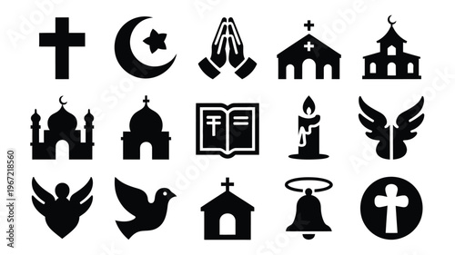 Collection of diverse religious symbols and icons in silhouette featuring christian crosses islamic crescent and star praying hands churches mosques open holy book burning candle