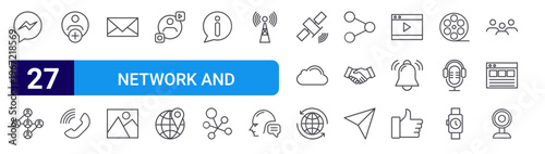 set of 27 thin line network and communication icons such as messenger, network, add user, call, email, photo, social, destination, information. editable stroke vector illustration isolated on white