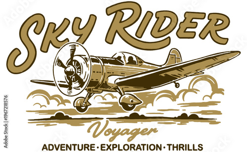 Sky Rider vintage aviation design. Propeller plane artwork for t-shirt print, poster, sticker, background and other uses. Adventure flight club.