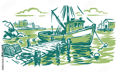 Coastal harbor lifestyle. Fishing boat at the wooden pier. Nautical vintage artwork for print, poster, sticker, and apparel design.