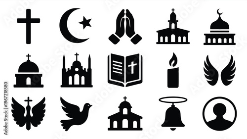 Collection of diverse religious and spiritual symbols in silhouette including christian crosses islamic crescent moon and star praying hands churches mosques holy bible candle
