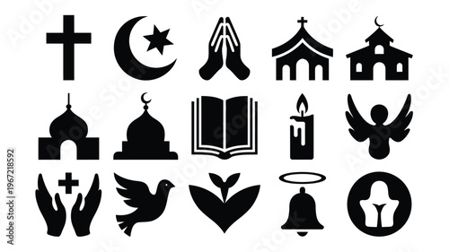 Collection of diverse religious and spiritual symbols silhouettes representing christianity islam and general faith concepts for design and branding isolated on white