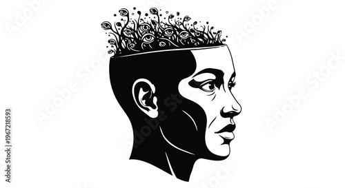 Conceptual illustration of a human head with eyes growing out of the brain