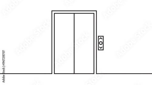 Elevator doors with up and down arrow buttons, minimalist line art icon, representing vertical transport and building access.