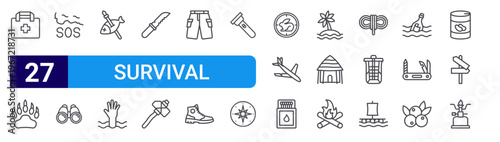 set of 27 thin line survival icons such as survival kit, paw, sos, binoculars, fish, drowning, knife, hammer, pants. editable stroke vector illustration isolated on white