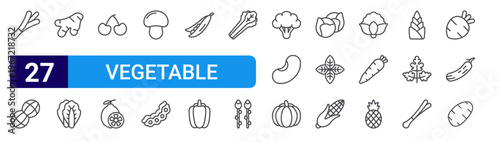 set of 27 thin line vegetable icons such as green onion, peanut, ginger, cabbage, cherry, lemon, mushroom, soy, pea. editable stroke vector illustration isolated on white