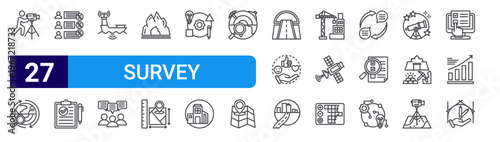 set of 27 thin line survey icons such as cameraman, geophysics, polling, conclusion, sonar, opinion, cave, spatial, adoption. editable stroke vector illustration isolated on white