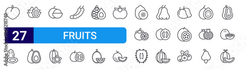 set of 27 thin line fruits icons such as peach, date palm, dragon fruit, avocado, lychee, starfruit, tamarind, pomelo, snake fruit. editable stroke vector illustration isolated on white