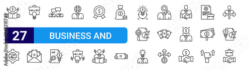 set of 27 thin line business and mission icons such as competition, collaboration, business idea, salary, conversation, result, worldwide, competition, badge. editable stroke vector illustration