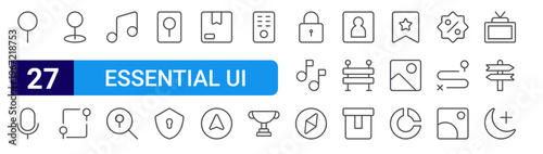set of 27 thin line essential ui icons such as location, mic, location, direction, music, search, map, security, box. editable stroke vector illustration isolated on white