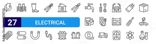 set of 27 thin line electrical engineering icons such as lighting, battery, cooling tower, switch, boots, magnet, plier, cable, home. editable stroke vector illustration isolated on white