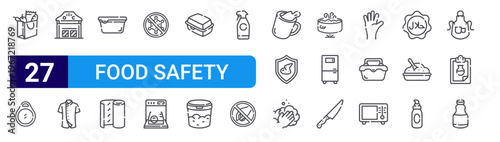 set of 27 thin line food safety icons such as bag, chopping board, warehouse, coat, storage, plastic wrap, antibacterial, dishwasher, styrofoam. editable stroke vector illustration isolated on white
