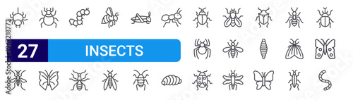 set of 27 thin line insects icons such as spider, mosquito, tick, butterfly, caterpillar, bug, bee, wasp, locust. editable stroke vector illustration isolated on white