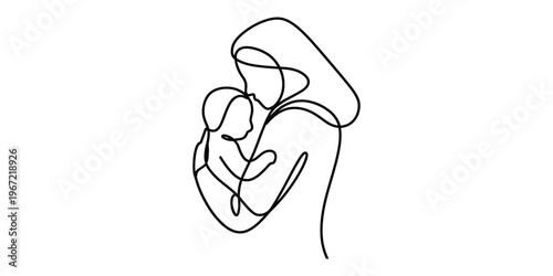 Minimalist One Line Drawing of Mother and Baby
