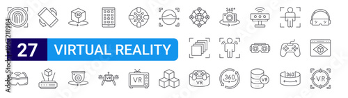 set of 27 thin line virtual reality icons such as fingerprint, smart glasses, rotation, holographic, d model, security camera, tablet, smart drone, control. editable stroke vector illustration