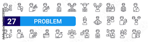 set of 27 thin line problem person icons such as server, delivery, thought, charge,, art, block, card, test. editable stroke vector illustration isolated on white