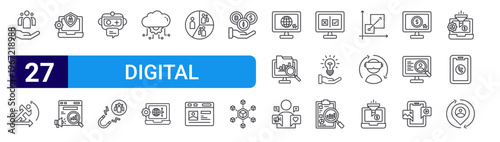 set of 27 thin line digital strategy icons such as customer, agility, cyber security, sem, chatbot, lead generation, cloud computing, digital transformation, segmentation. editable stroke vector