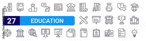 set of 27 thin line education icons such as survey, define, book, university, champion, search, mentee, online courses, laptop. editable stroke vector illustration isolated on white