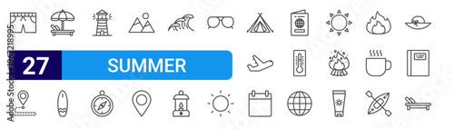 set of 27 thin line summer icons such as pants, route, sunbed, suroard, lighthouse, compass, mountain, location, wave. editable stroke vector illustration isolated on white